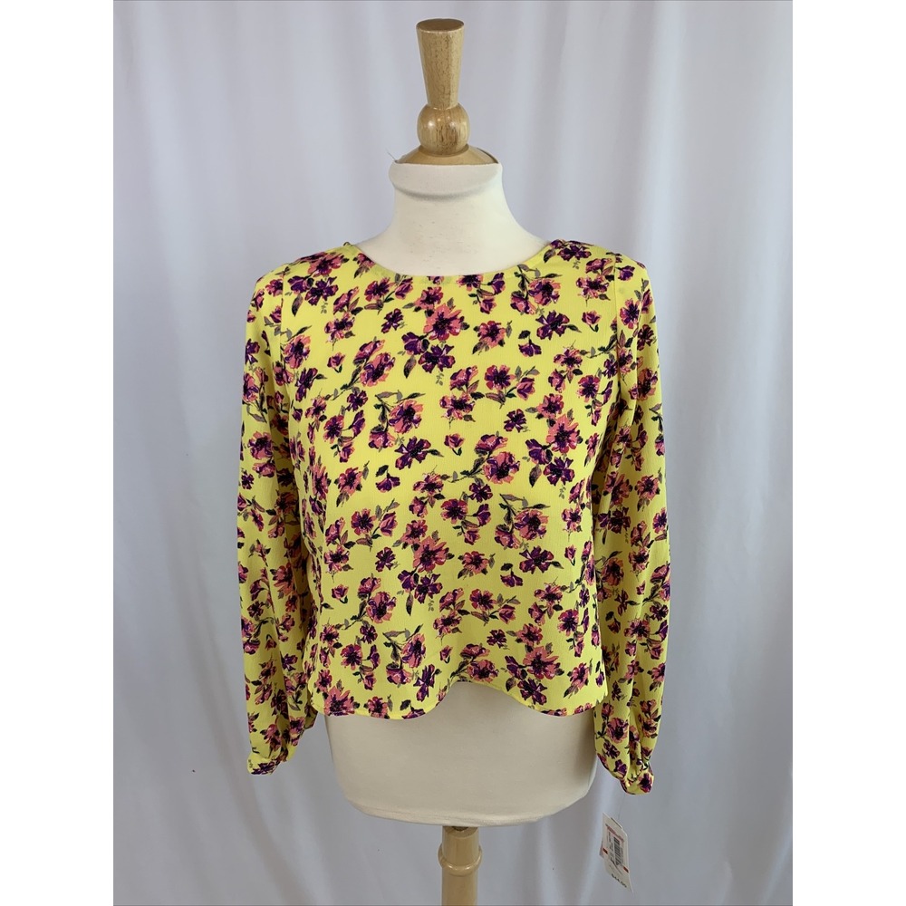 Gianni Bini Women's Yellow Floral Blouse Size XS Tie Back L/S Cropped Top New